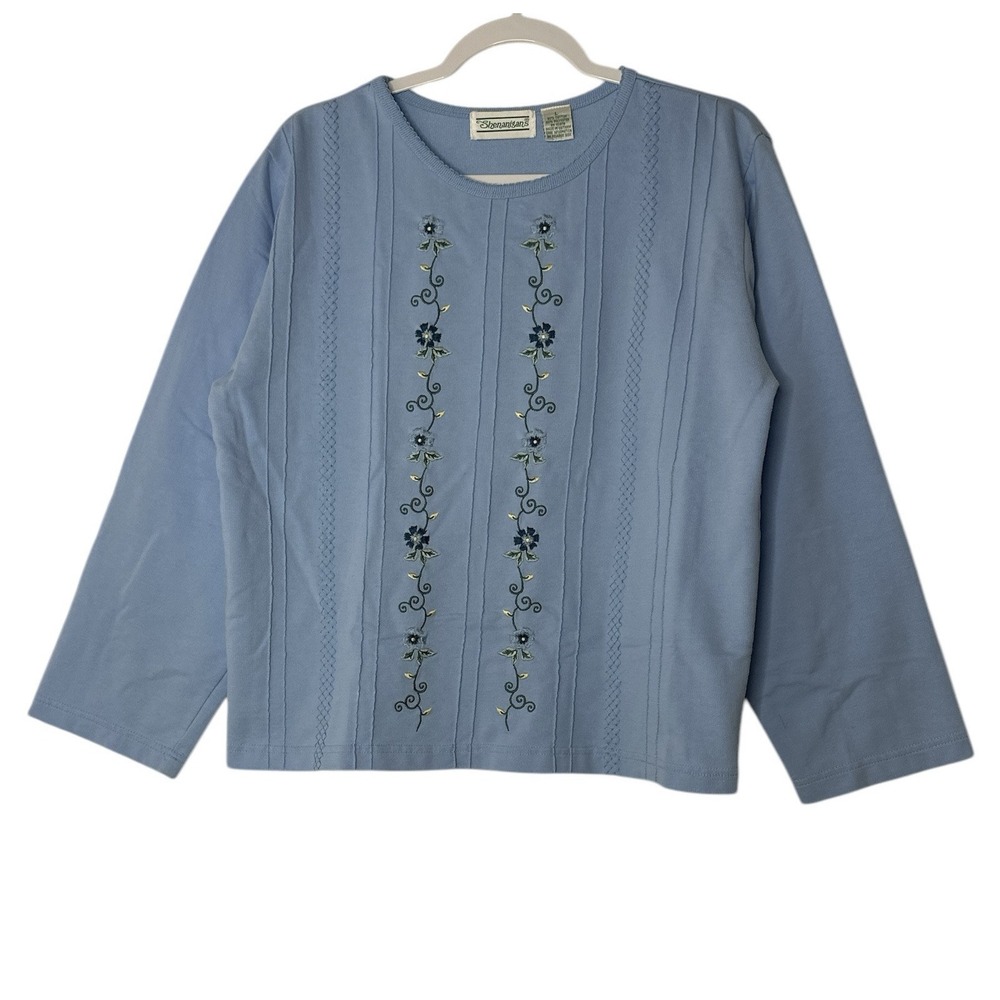 Shenanigans Top Womens Large Blue Floral Blouse Embroidered Long Sleeves Y2K